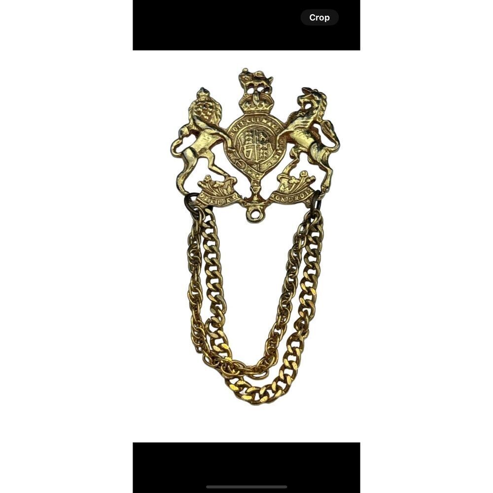 Vintage British Heraldic Double Chain Brooch Cloak Clasp Lion Crest